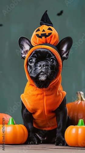 Dog in a cute pumpkin costume, vibrant Halloween party, dog in festive attire, cheerful celebration