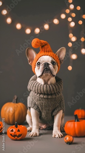 Cute dog wearing a pumpkin outfit, surrounded by Halloween decorations, dog in costume, holiday festivity
