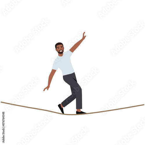 Young businessman walking on balancing slackline rope. Flat vector illustration isolated on white background