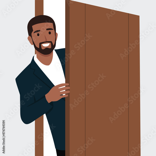 Young bearded man enters a room at home. Flat vector illustration isolated on white background