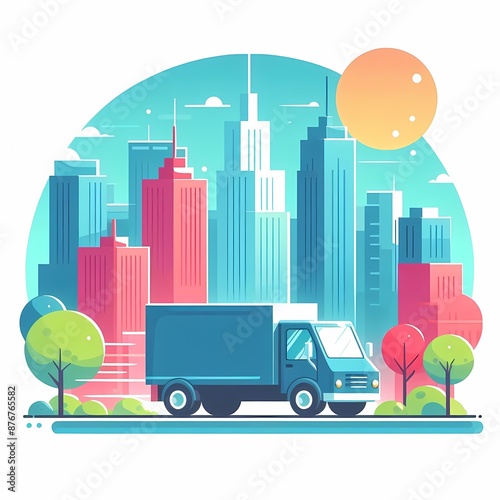 Delivery truck with courier parcel package vector illustration isolated on a white background photo