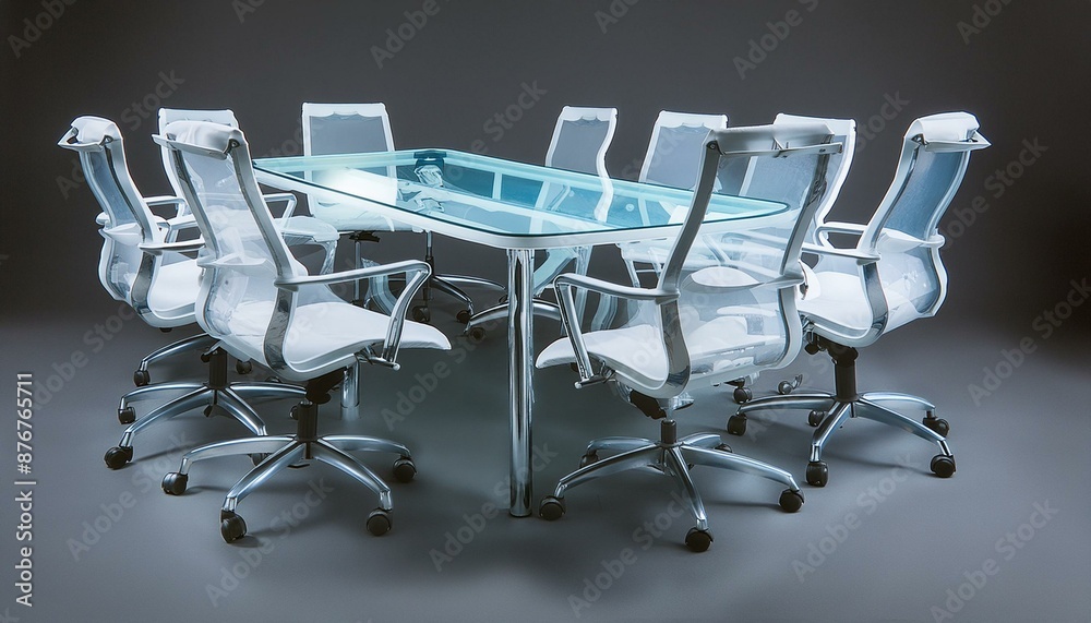 A futuristic conference room with a sleek, white holographic table at the center, surrounded A futuristic conference room with a sleek, white holographic table at the center, surrounded