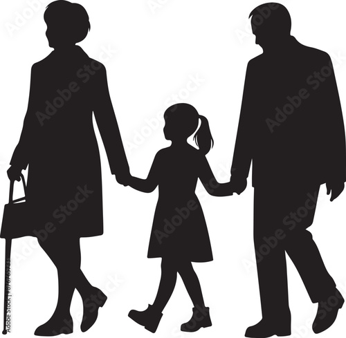 Grandparents Walking With Granddaughter Linocut Silhouette Elegant Black and White Vector Icon