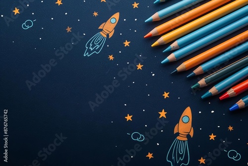 Colorful pencils on a dark blue background with rockets and stars, ideal for creative and educational themes. photo