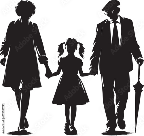 Grandparents Walking With Granddaughter Linocut Silhouette Elegant Black and White Vector Icon