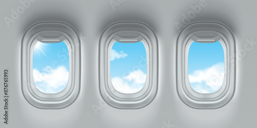 Plane windows with blue sky view. Vector realistic illustration of sun light and cloudscape seen through glass from aircraft cabin, passenger flight, vacation travel, tourism banner background design