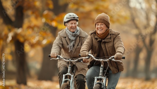 An elderly couple enjoys a relaxed bicycle ride through a park filled with autumn leaves, wearing warm clothing and smiling with joy and contentment.