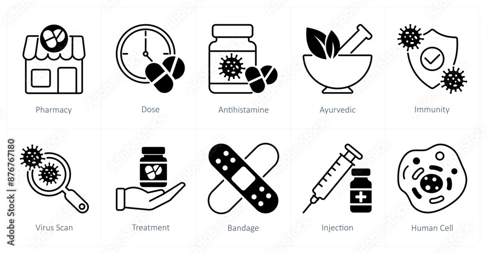 Φωτογραφία A set of 10 Medical icons as pharmacy, dose, antihistamine
