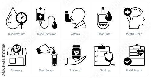 A set of 10 Medical icons as blood pressure, blood transfusion, asthma