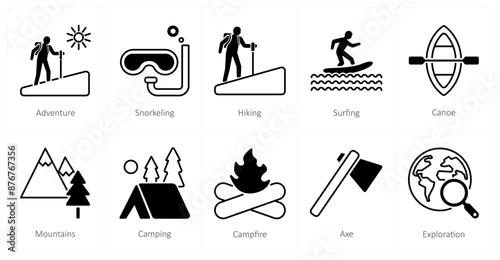 A set of 10 Adventure icons as adventure, snorkeling, hiking