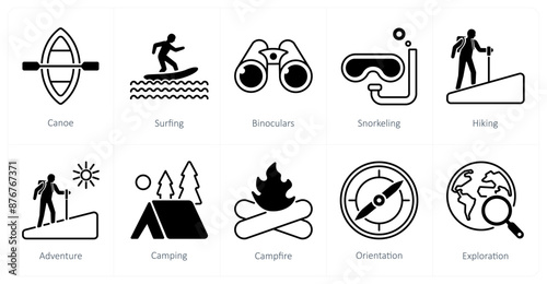 A set of 10 Adventure icons as canoe, surfing, binoculars