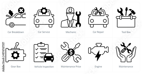 A set of 10 Car icons as car breakdown, car service, mechanic
