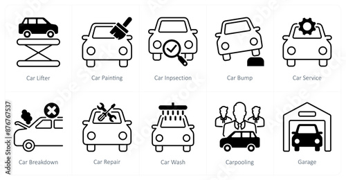 A set of 10 Car icons as car lifter, car painting, car inspection