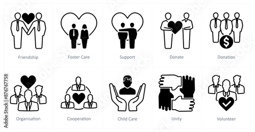 A set of 10 Charity and Donation icons as friendship, foster care, support