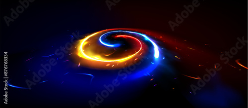 Oval vortex red and blue ring with fire flame and sparkles. Realistic vector illustration of burn spiral ring for vs concept. Neon light glow circular portal or ignite frame on black background.