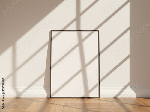 Empty framed canvas for mockups and art illustrations on wooden floor