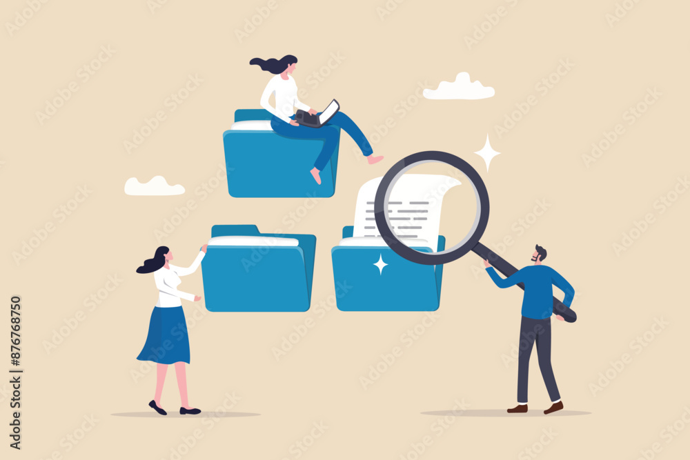Document, content or research paper, documentation file folder storage, report or paperwork, search or file archive, office contract concept, business people working with paper document file folder.