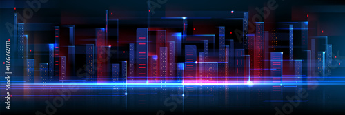Abstract tech city with blue and red neon glow on black background. Realistic vector illustration of future technology town. urban landscape with skyscraper constructions and innovation network.