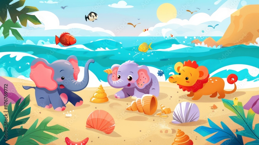Adorable Cartoon Animals Playing on the Beach. Adorable Cartoon Animals Playing on the Beach.