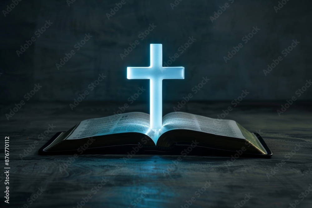 An open Bible sits against a dark black background. The pages glow softly. with a glowing cross in the middle An open Bible sits against a dark black background. The pages glow softly. with a glowing cross in the middle