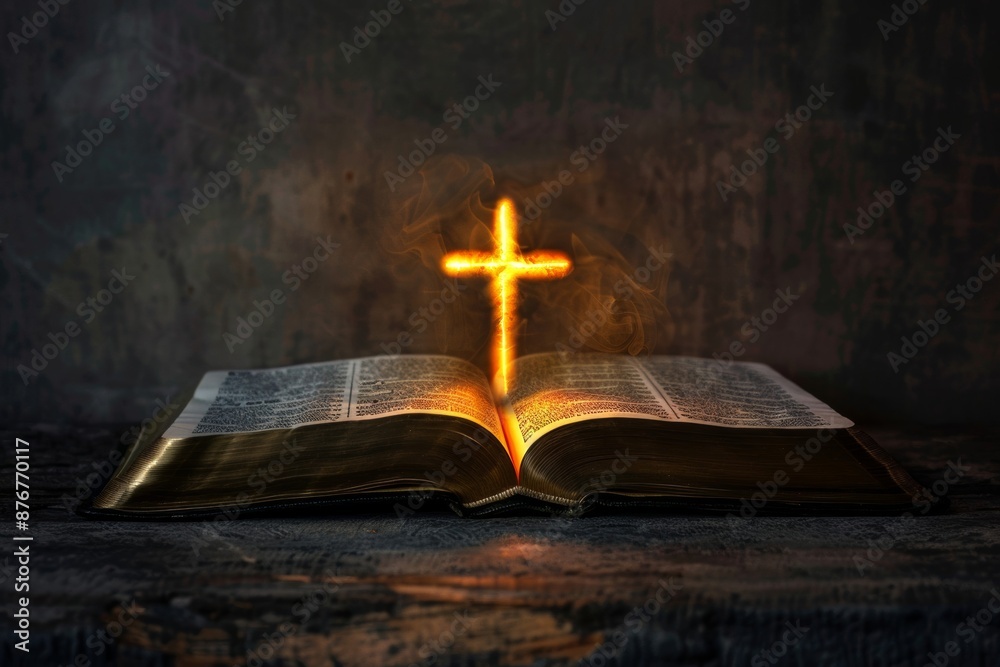 An open Bible sits against a dark black background. The pages glow softly. with a glowing cross in the middle An open Bible sits against a dark black background. The pages glow softly. with a glowing cross in the middle