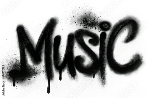 Music text written with black ink spray isolated on white background