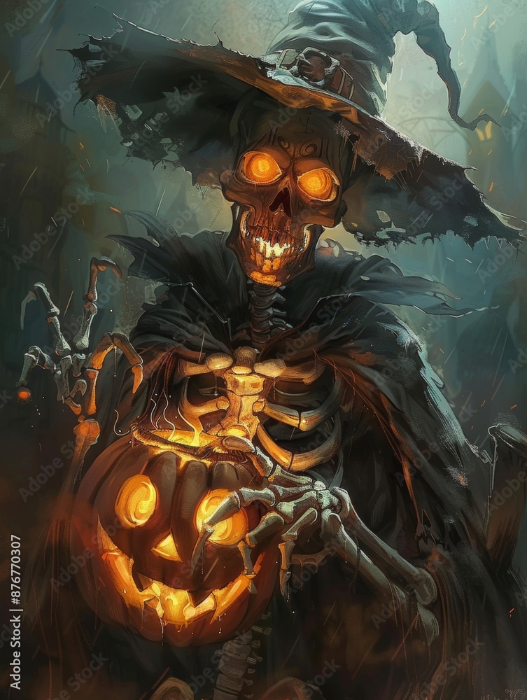 A skeletal figure adorned with a witch's hat lurked amidst the dark and smoky atmosphere. A skeletal figure adorned with a witch's hat lurked amidst the dark and smoky atmosphere.