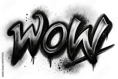 Wow text written with black ink spray isolated on white background photo