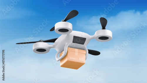 Drone carrying parcel box in sky. Vector realistic illustration of smart quadcopter delivering cardboard package, unmanned aerial vehicle with camera flying in clouds, modern logistic technology