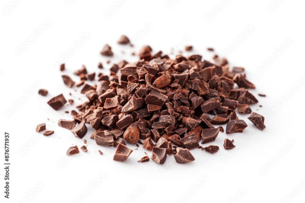 A pile of chocolate chips arranged neatly on a clean white surface, great for illustrating baking or confectionery concepts A pile of chocolate chips arranged neatly on a clean white surface, great for illustrating baking or confectionery concepts
