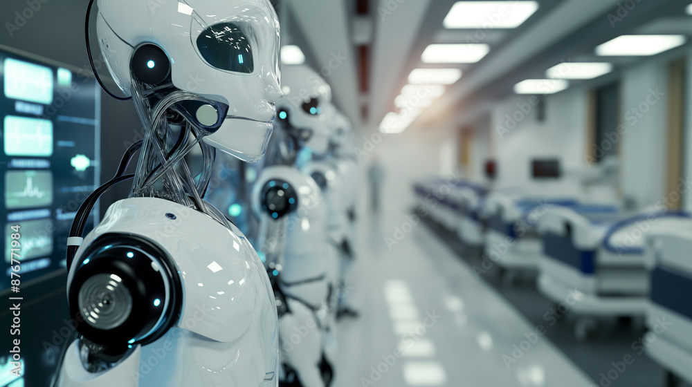 Fototapeta premium Modern hospitals are integrating advanced medical technology and robotic healthcare assistants, reflecting advancements in automation and innovation in healthcare for the years ahead