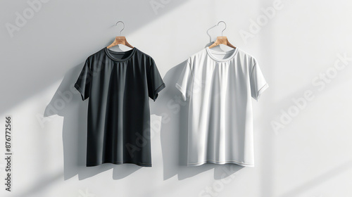 Black and white men's t-shirts isolated on a white background .Two hanging black t-shirt on white background mock up. © Kushch
