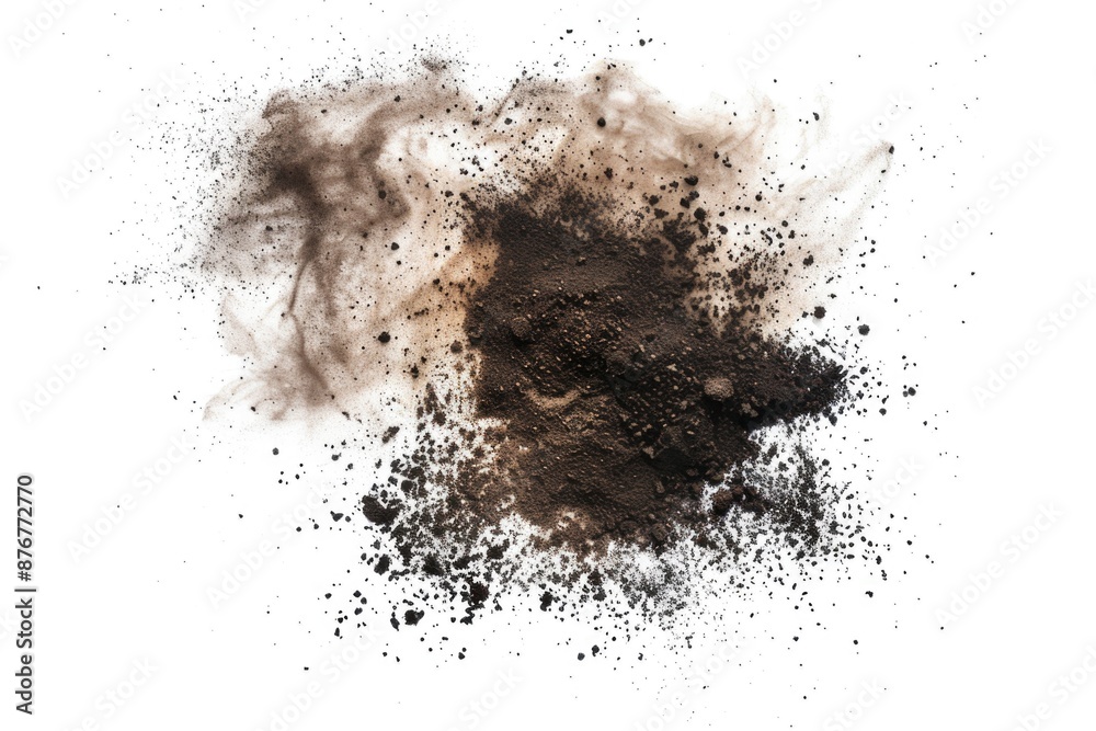 A close-up shot of a pile of dirt on a white surface, ideal for use in a still life or landscape composition