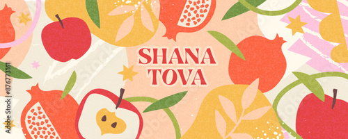 Rosh Hashana, Rosh Hashanah, Jewish New Year greeting card, cover, holiday web banner, poster. Hand drawn illustration design template with apple and pomegranate pattern in trendy modern art style
