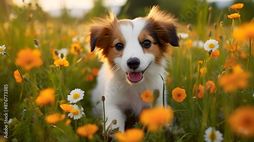 A cute puppy playing in a field of flowers on white background © Shahzaib