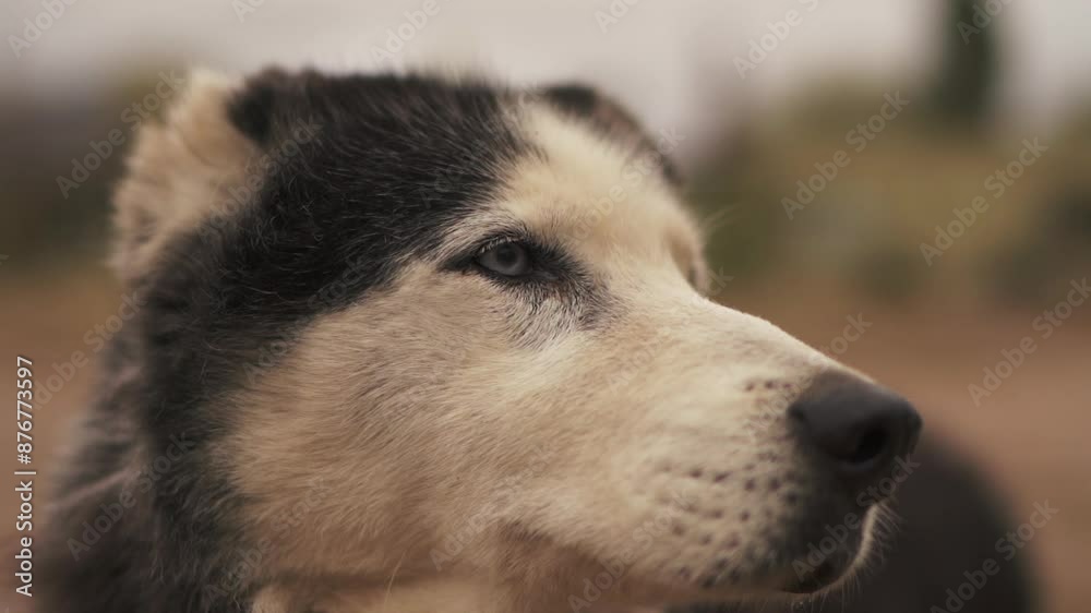 Siberian Husky Dog face in beautiful close-up, shot slowmotion, Cute husky on outdoor bokeh background Siberian Husky Dog face in beautiful close-up, shot slowmotion, Cute husky on outdoor bokeh background