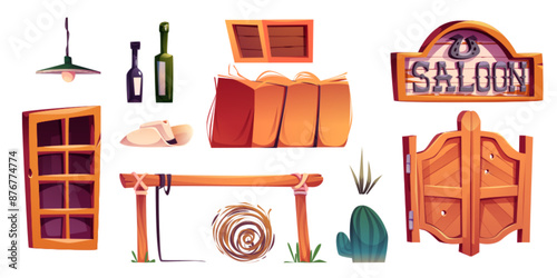 Western saloon elements set isolated on white background. Vector cartoon illustration of wooden signboard with horseshoe, sheriff hat, glass rum bottles, box and hay stack, cactus, wild west objects