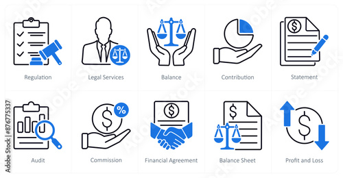 A set of 10 Accounting icons as regulation, legal services, balance