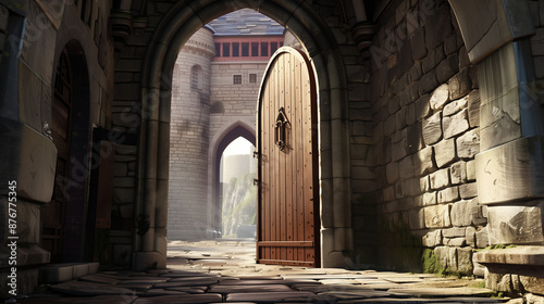 Open castle door, cartoon