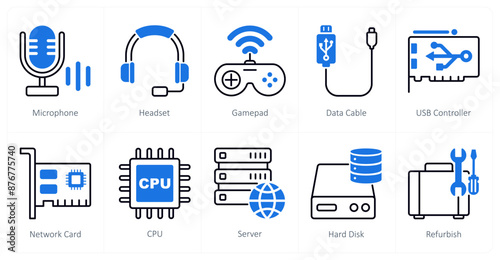 A set of 10 Computer Parts icons as microphone, headset, gamepad