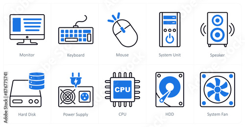 A set of 10 Computer Parts icons as monitor, keyboard, mouse