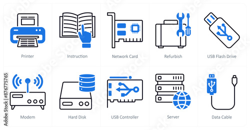 A set of 10 Computer Parts icons as printer, instruction, network card