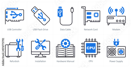 A set of 10 Computer Parts icons as usb controller, usb flash drive, data cable