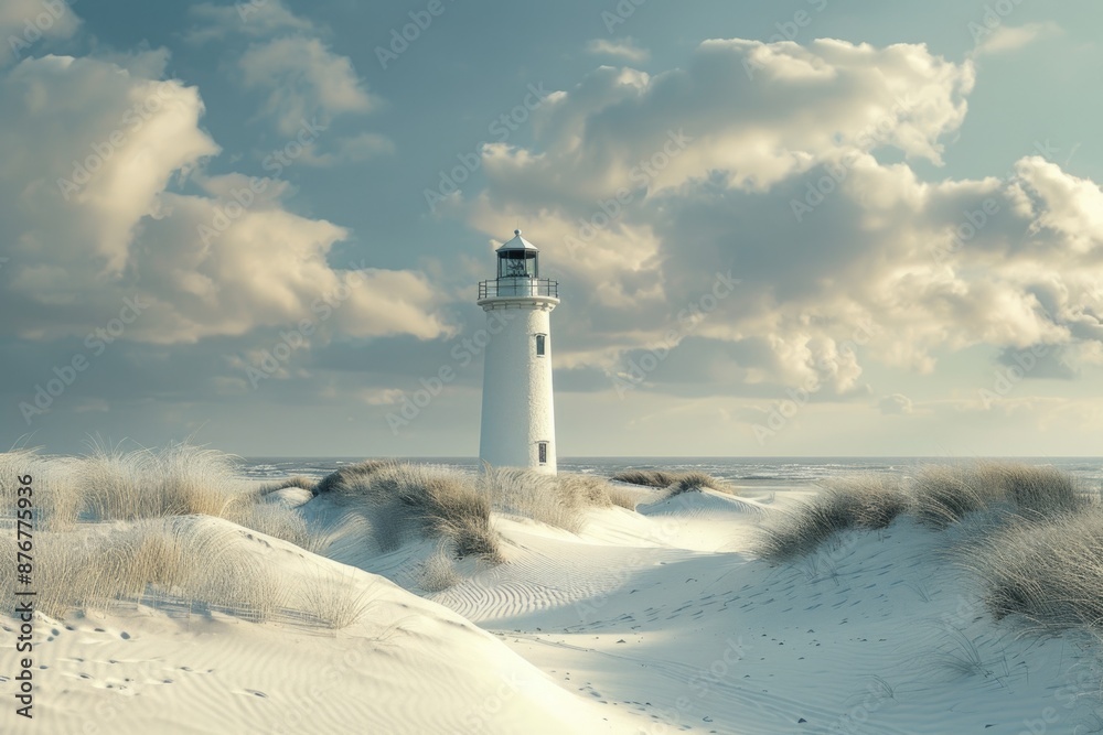 Coastal scenery with a white lighthouse standing tall on a sandy beach, perfect for travel or nature-themed images Coastal scenery with a white lighthouse standing tall on a sandy beach, perfect for travel or nature-themed images