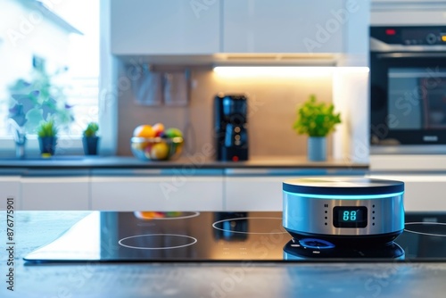 Minimalist kitchen showcasing a smart speaker on a wooden counter, emphasizing technology and simplicity. AIG62 photo