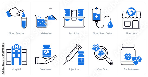 A set of 10 Medical icons as blood sample, lab beaker, test tube