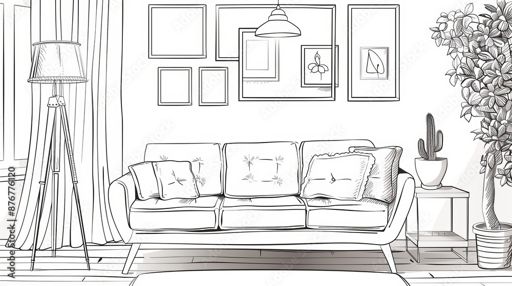 Hand-drawn single-line artwork of a modern living room with a sofa, lamp, plant, and photo frames. Editable stroke and doodle vector design. Hand-drawn single-line artwork of a modern living room with a sofa, lamp, plant, and photo frames. Editable stroke and doodle vector design.