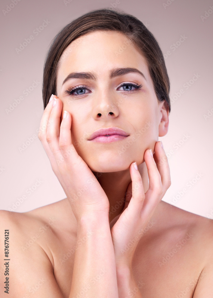 Face, smile and portrait of woman with makeup for beauty, cosmetics and confidence on studio background. Lipstick, pride and female person with glamour for eyelash extensions, satisfaction and glow Face, smile and portrait of woman with makeup for beauty, cosmetics and confidence on studio background. Lipstick, pride and female person with glamour for eyelash extensions, satisfaction and glow