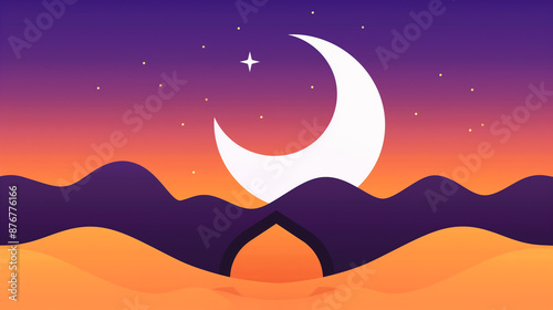 Desert landscape with crescent moon and star
 photo