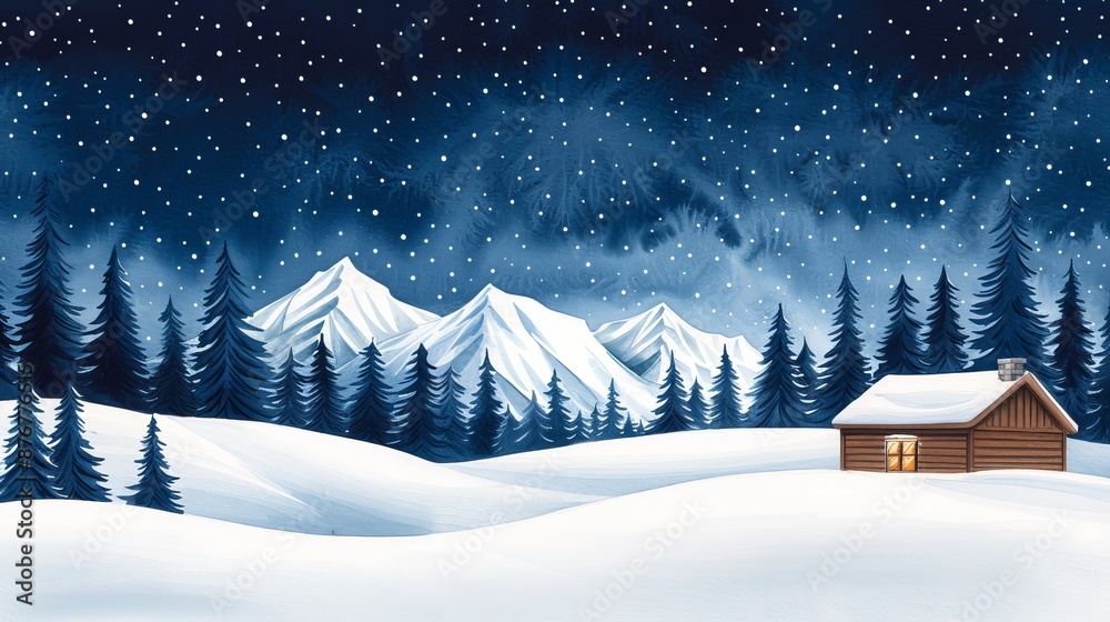 Naklejka premium A picturesque winter night with a starry sky, a cozy cabin, and snow-laden pine trees, deep blues and whites in watercolor